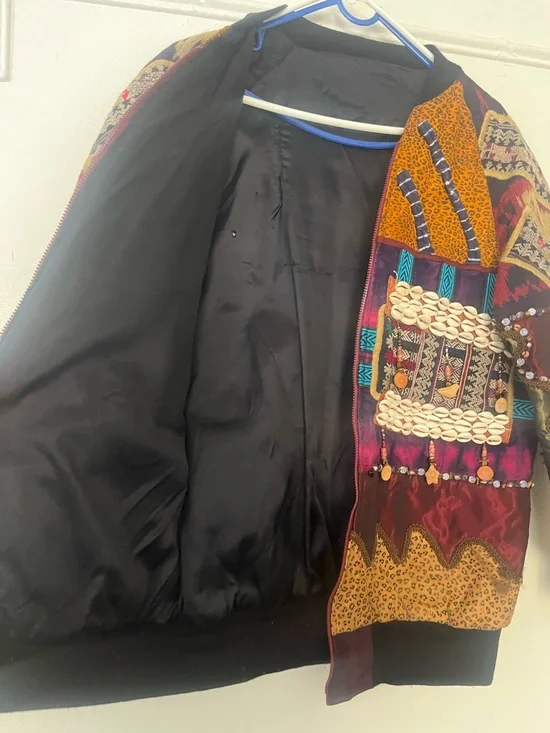 One of a kind. Patchwork Embellished Multicolor Bomber Jacket with Shell Accents - Picture 13 of 16